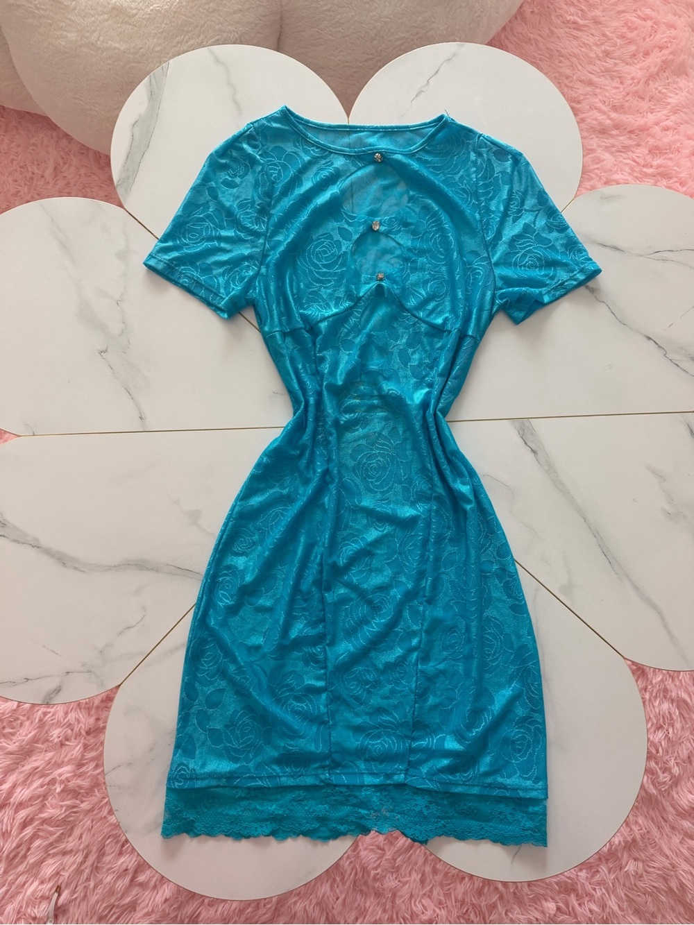 Bright Turquoise Lace-Trim Short Sleeve Mini Dress‎